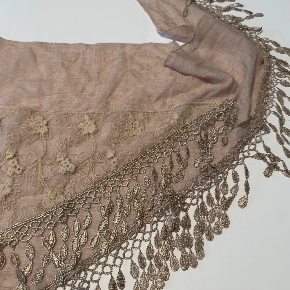 Miss Scarf QQ Triangle Wrap Taupe Lace Floral Fringe Boho Shawl OS Metallic Leaf